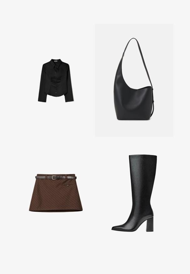 Musta pitkähihaisten paita, joka on valmistettu sileästä kankaasta. Siinä on kärkitasku, edessä napitus ja lyhennetty helma, jossa on sivuhaalareita.; Ruskea hame, jossa on hillitty pinstripe-kuvio, ruskea nahkavyö, yksi etutasku ja jämäkkä A-linjainen muoto.; Mustat, polveen saakka ulottuvat saappaat, jotka on valmistettu tekonahasta, teräväkärkiset, sileäpintaiset ja joissa on paksu lohko korko. Minimalistinen muotoilu ilman näkyviä yksityiskohtia.; Musta nahkainen hobo-laukku, jossa on sileä pinta, kaareva muoto ja yksi säädettävä olkahihna; sisäänkäynti on leveä ylhäältä.