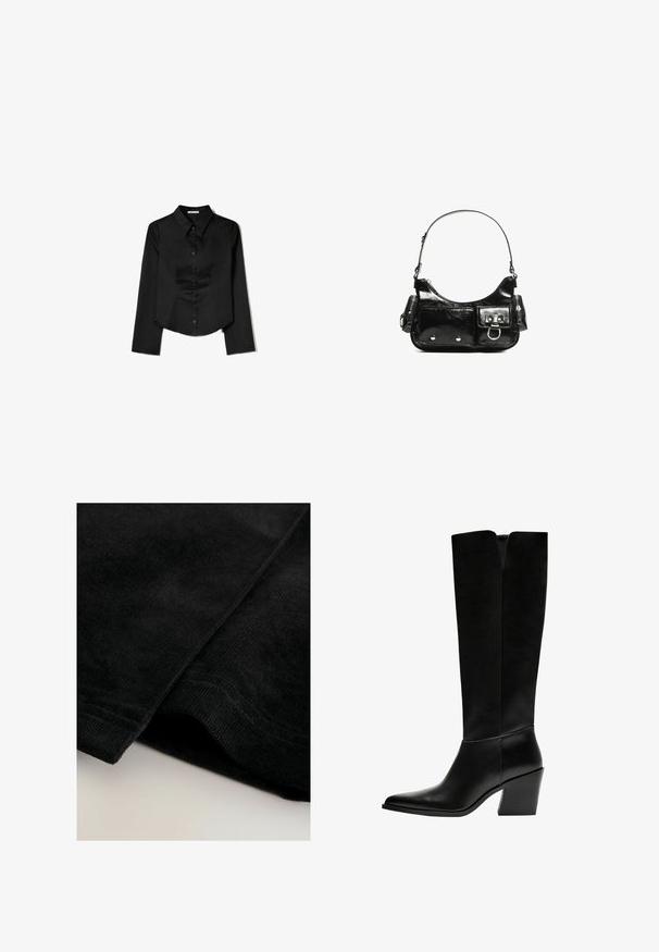 Sort langærmet skjorte lavet af glat stof, med en spidse krave, frontlukning med knapper og en cropped kant med sidelæg.; Sort fløjlstof med en blød, struktureret overflade, der fremviser synlige ribber og pænt kantede kanter.; Sorte knæhøje støvler lavet af glat læder, med spids tå, blokhæl og en V-formet udskæring foroven.; Sort patenteret læder håndtaske med en buet form, en skulderrem, frontlommer og hardware accenter i sølvfarve.
