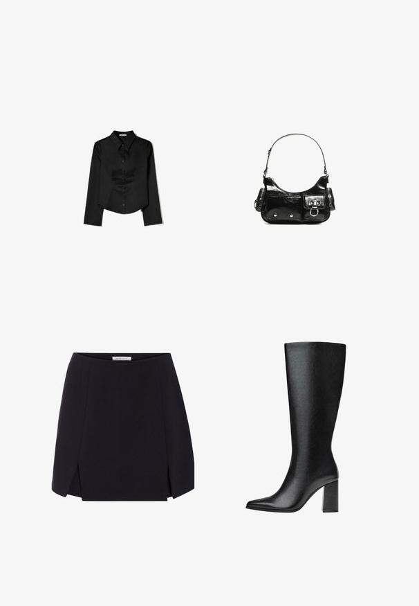 Camicia nera a maniche lunghe realizzata in tessuto liscio, con colletto a punta, chiusura frontale con bottoni e orlo accorciato con slit laterali.; Gonna nera a linea A con una texture liscia, caratterizzata da spacchi laterali e un design pulito e minimalista. Etichetta visibile in vita.; Stivale nero al ginocchio realizzato in pelle sintetica, con punta affusolata, texture liscia e tacco a blocco spesso. Design minimalista senza decorazioni visibili.; Borsa a spalla in vernice nera con forma curvata, una tracolla, tasche frontali e dettagli in metallo argentato.
