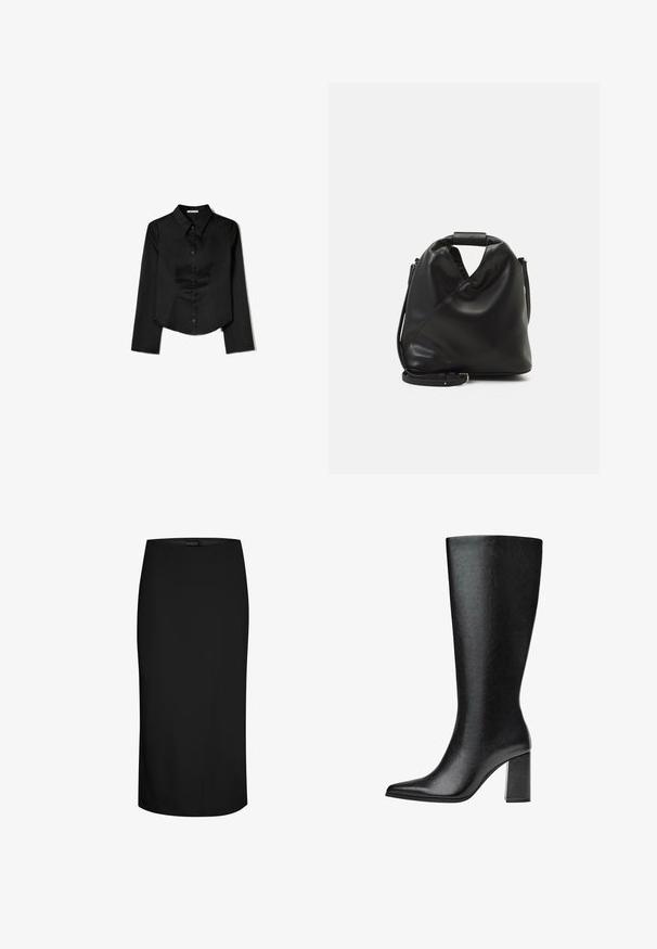 Čierna košeľa s dlhým rukávom vyrobená z hladkej látky, s špicatým golierom, predným zapínaním na gombíky a skráteným lemom so bočnými rozparkami.; Čierna ceruzková sukňa vyrobená z hladkej látky, s priliehavým strihom, dĺžkou po kolená a asymetrickým švom na jednej strane.; Čierne vysoké čižmy po kolená vyrobené z umelej kože, s špicatou špičkou, hladkým povrchom a robustným blokovým podpätkom. Minimalistický design bez viditeľných akcentov.; Čierna, mäkká kožená taška s jedinečným zavinutým dizajnom. Disponuje krátkym uškom a odnímateľným ramenným popruhom. Minimalistický štýl.