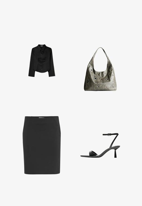 Cămașă neagră cu mâneci lungi, confecționată dintr-un material neted, având guler ascuțit, închidere frontală cu nasturi și un tiv scurt cu slituri laterale.; Fustă neagră din material neted, cu o siluetă ajustată, având un tiv la talie și o lungime până la genunchi. Fără modele sau accente vizibile.; Bershka Sandale cu toc - black; Geantă din piele de culoare verde măslin, cu un design relaxat, având decupaje circulare de diverse dimensiuni și accente în nuanțe mai închise și mai clare.