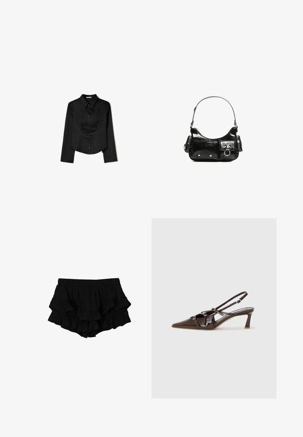 Czarna longsleeve z gładkiego materiału, z wyraźnym kołnierzykiem, z przodem zapinanym na guziki oraz skróconym dołem z bocznymi rozcięciami.; Czarne szorty z falbanami, z elastycznym pasem, z trzema warstwami falbanek oraz subtelną teksturowaną tkaniną, tworzącą warstwową sylwetkę.; Brązowe lakierowane skórzane czółenka na odkrytej pięcie z ostrym noskiem, regulowanymi paskami i dekoracyjnymi klamrami z przodu. Wysokość obcasa 3 cale.; Czarna torebka z lakierowanej skóry o zaokrąglonym kształcie, z jednym paskiem na ramię, przednimi kieszeniami i akcentami w kolorze srebrnym.