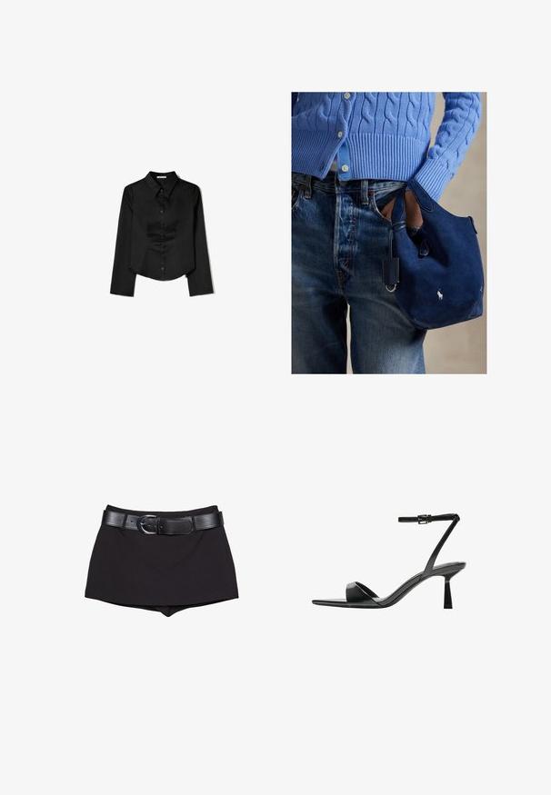 Czarna longsleeve z gładkiego materiału, z wyraźnym kołnierzykiem, z przodem zapinanym na guziki oraz skróconym dołem z bocznymi rozcięciami.; Czarne szorty o gładkiej fakturze, z szerokim czarnym paskiem i srebrną klamrą, skrojone w dopasowanym kroju z lekko podwyższonym stanem.; Bershka - Sandały na obcasie; Zamszowa granatowa torebka o miękkiej fakturze, z dwoma uchwytami i małą przymocowaną metką. Na froncie znajduje się biały logo, a dół torebki jest zaokrąglony.