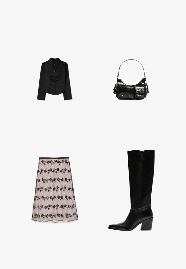 Črna srajca dolgimi rokavi, izdelana iz gladkega materiala, z ostrim ovratnikom, sprednjim gumbom in krajšo obrobo z stranskimi razpoki.; Čipkasta midi krila v svetlo roza barvi s cvetličnimi vzorci v temno rjavi in bronasti barvi, ki vsebuje tudi bleščice in gladek pas.; Črne gležnjarje do kolen iz gladkega usnja, z ostrim nosom, blokinim peto in V-oblikovanim izrezom na vrhu.; Črna lakasta usnjena torbica s ukrivljeno obliko, enim ramenskim trakom, sprednjimi žepi in srebrnimi kovinskimi dodatki.