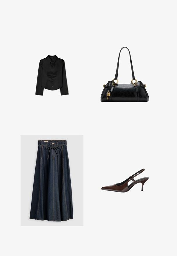 Chemise noire à manches longues en tissu lisse, avec un col pointu, une fermeture à boutons à l'avant et un ourlet court avec des fentes latérales.; Levi's® XL SKIRT - Jupe en jean - square circle; Escarpin en cuir verni marron avec un bout pointu, des découpes ouvertes et un talon fin. Comprend une sangle à boucle réglable.; Sac à main en cuir noir avec une texture lisse, forme arrondie, accents en métal doré et doubles poignées. Présente une serrure décorative sur le côté.