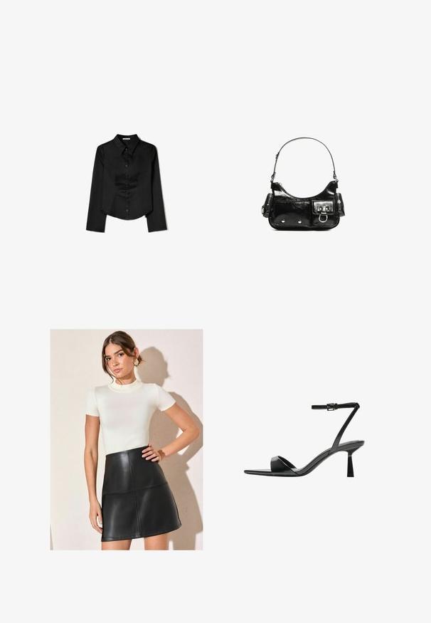 Crna košulja dugih rukava od glatkog materijala, s izrezom u obliku oštrice, prednjim zatvaranjem na gumbe i skraćenim rubom s bočnim prorezima.; Bijela rebrasta majica s kratkim rukavima uparena s crnom mini suknjom od umjetne kože koja ima detalje u panelima i elegantnu siluetu.; Bershka Sandale s visokom petom - black; Crna patentna kožna torba s zakrivljenim oblikom, jednim remenom za rame, prednjim džepovima i akcentima od srebrnog tona.