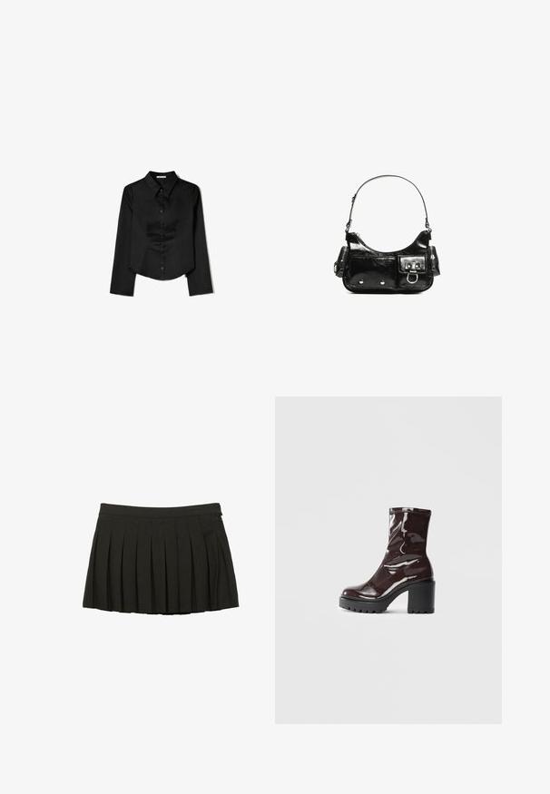 Čierna košeľa s dlhým rukávom vyrobená z hladkej látky, s špicatým golierom, predným zapínaním na gombíky a skráteným lemom so bočnými rozparkami.; Čierna skladaná mini sukňa s priliehavým pásom a bočným zipsom, vystavená na bielom pozadí.; Lesklé burgundské kotníkové boty s robustním černým podpatkem, s hladkou strukturou a jednoduchým designem. Bez viditelných zapínání nebo vzorů.; Čierna laková kožená kabelka s ohnutým tvarom, jedným ramenným popruhom, prednými vreckami a striebornými kovovými doplnkami.