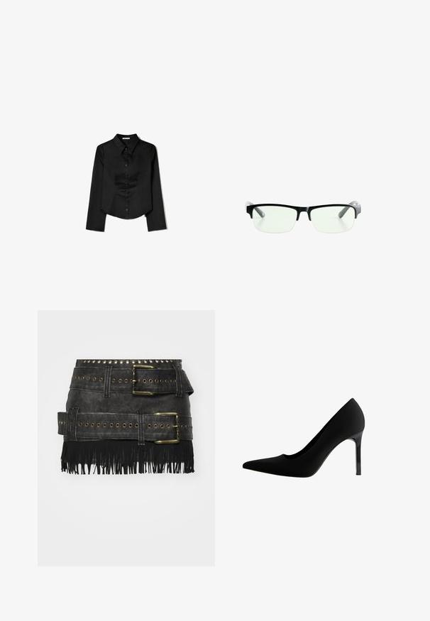 Čierna košeľa s dlhým rukávom vyrobená z hladkej látky, s špicatým golierom, predným zapínaním na gombíky a skráteným lemom so bočnými rozparkami.; Čierna sukňa z umelého kože s veľkými kovovými prackami, detailmi s grometami a strapcami na leme. Štruktúrovaný dizajn s viacerými opaskami.; Čierne lodičky na vysokom opätku s špicatou špičkou, hladkým matným materíálom, štíhlym opätkom a jemným výrezom v oblúku.; Čierne obdĺžnikové okuliare s priehľadnými sklami, majú elegantné čierne rámy a šedé priehľadné konce straníc. Minimalistický dizajn, bez viditeľného loga.