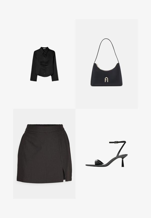 Černá košile s dlouhým rukávem vyrobená z hladké látky, zahrnující špičatý límec, přední zapínání na knoflíky a zkrácený lem se bočními rozparky.; Černá sukně z hladkého materiálu s elastickým páskem, přímým střihem a bočním rozparkem pro snadný pohyb.; Bershka Sandály na vysokém podpatku - black; Černá ramenní taška vyrobená z hladkého materiálu, s oválným tvarem, zlatým zipem a zlatým vyraženým logem na přední straně.