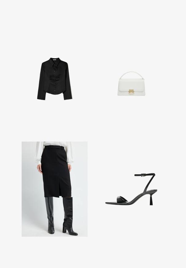 Chemise noire à manches longues en tissu lisse, avec un col pointu, une fermeture à boutons à l'avant et un ourlet court avec des fentes latérales.; Jupe crayon noire au design ajusté, avec une fente centrale et des passants de ceinture, associée à des bottes noires en cuir croco brillantes et hautes.; Bershka Sandales à talons hauts - black; Sac à main en cuir blanc au design structuré, avec une anse supérieure et un fermoir en ton doré. Texture lisse et accents minimalistes.