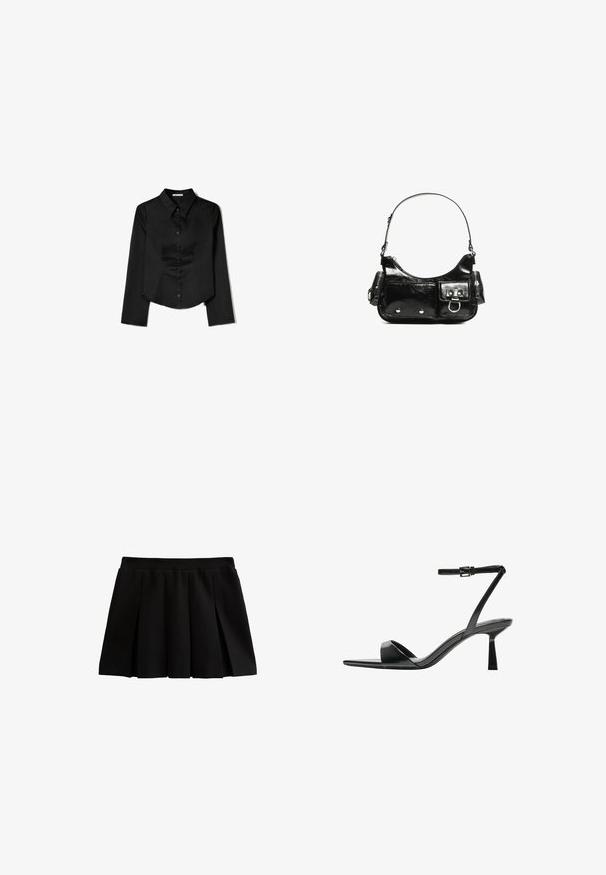 Chemise noire à manches longues en tissu lisse, avec un col pointu, une fermeture à boutons à l'avant et un ourlet court avec des fentes latérales.; Jupe plissée noire avec une taille ajustée, fabriquée en tissu lisse. Présente des plis nets qui créent une silhouette évasée.; Bershka Sandales à talons hauts - black; Sac à main en cuir verni noir avec une forme incurvée, une bandoulière, des poches avant et des accents en métal argenté.