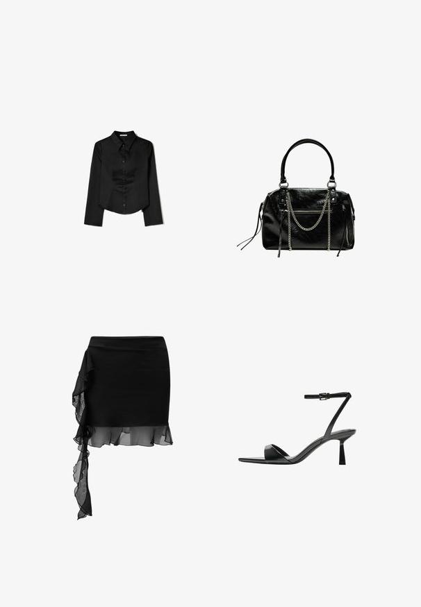 Sort langærmet skjorte lavet af glat stof, med en spidse krave, frontlukning med knapper og en cropped kant med sidelæg.; Sort nederdel med et tætsiddende design, der har et gennemsigtigt flæse-detalje, der asymmetrisk hænger fra taljen til kanten. Glat tekstur.; Bershka Højhælede sandaletter / Højhælede sandaler - black; Bershka WITH CHAIN - Håndtasker - black