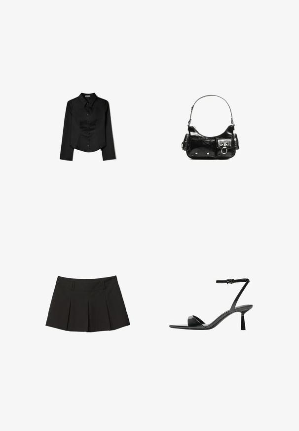 Črna srajca dolgimi rokavi, izdelana iz gladkega materiala, z ostrim ovratnikom, sprednjim gumbom in krajšo obrobo z stranskimi razpoki.; Črna nabirana krila z oblikovanjem pasu in mehkega materiala. Oblikovana z naborki spredaj za dodatno obliko in stil.; Bershka Sandali z visoko peto - black; Črna lakasta usnjena torbica s ukrivljeno obliko, enim ramenskim trakom, sprednjimi žepi in srebrnimi kovinskimi dodatki.