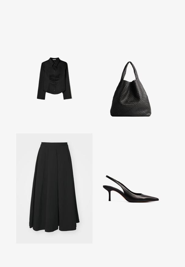 Musta pitkähihaisten paita, joka on valmistettu sileästä kankaasta. Siinä on kärkitasku, edessä napitus ja lyhennetty helma, jossa on sivuhaalareita.; Theory IRREG - Vekkihame - black; NA-KD Avokkaat - black; Musta kudottu laukku kahdella kantokahvalla. Pehmeä rakenne, lässyttävä muotoilu ja suurikokoinen, pyöreä muoto. Ei näkyviä metalliosia tai koristeita.