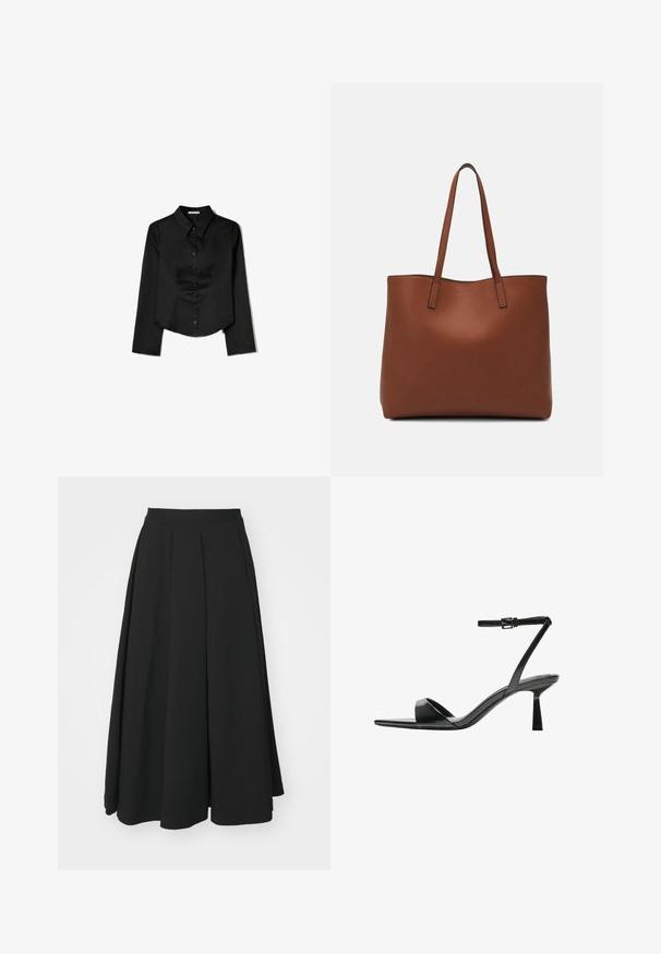 Svart långärmad skjorta i slätt tyg, med spetsig krage, framknappning och cropped nederkant med sidofrack.; Theory IRREG - Veckad kjol - black; Bershka Sandaletter - black; Brun läder tote-väska med en slät textur, öppen toppdesign och två axelremmar. Har minimal söm och ingen synlig metalldetalj.