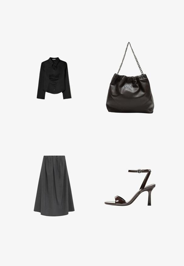 Black long-sleeve shirt made from smooth fabric, featuring a pointed collar, front button closure, and a cropped hem with side slits.; Grey, knee-length skirt made from a textured fabric; features an elastic waistband and pleated design for volume and shape.; Brown patent leather high-heeled sandal with an ankle strap, open toe, and a sleek, minimalist design. Features a square heel.; Brown leather bag with a gathered top and a chain strap. Smooth texture with a glossy finish and subtle seam detailing on the sides.