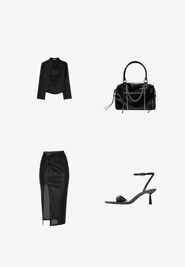 Zwarte langetermijnshirt gemaakt van soepele stof, met een puntige kraag, sluiting met knopen aan de voorkant en een cropped zoom met zijsplitten.; Zwarte midi-rok gemaakt van rekbare stof, met een gedraaide voorkant, een zijsplit en een ritssluiting aan de achterkant.; Bershka Sandalen met hoge hak - black; Bershka WITH CHAIN - Handtas - black