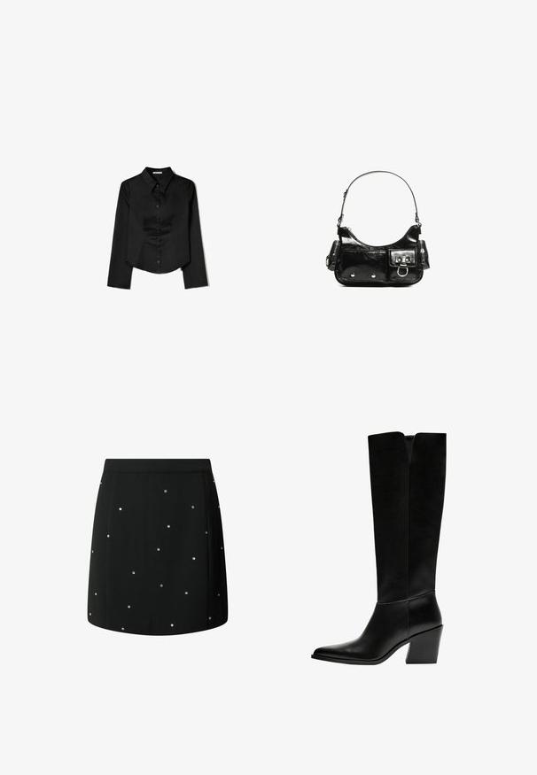 Cămașă neagră cu mâneci lungi, confecționată dintr-un material neted, având guler ascuțit, închidere frontală cu nasturi și un tiv scurt cu slituri laterale.; Fustă neagră dintr-un material cu textură netedă, decorată cu pixeli argintii distribuiți aleatoriu. Croiala dreaptă are o margine curată.; Cizme negre până la genunchi, fabricate din piele netedă, cu vârf ascuțit, toc pătrat și o decupare în formă de V în partea de sus.; Geantă de mână din piele lăcuită neagră, cu o formă curbată, un umăr, buzunare frontale și accente din metal argintiu.
