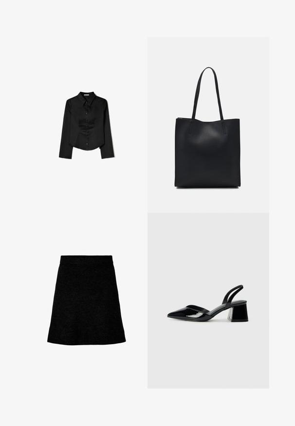 Musta pitkähihaisten paita, joka on valmistettu sileästä kankaasta. Siinä on kärkitasku, edessä napitus ja lyhennetty helma, jossa on sivuhaalareita.; Mustat neulehame, jossa on istuva vyötärö, A-linjainen muoto ja sileä rakenne. Yksinkertainen muotoilu ilman näkyviä kuvioita tai koristeita.; Mustat patentoitu nahkakengät, joissa on säären takaosa ja terävä kärki, sekä geometrinen palikkakorko. Sisältää tyylikkään, minimalistisen muotoilun ja sileän pinnan.; Mustapahkainen kangaskassi, jossa on sileä pinta, suorakaiteen muotoinen ja kaksi pitkää kahvaa. Ei näkyvää metalliosaa tai koristeita.