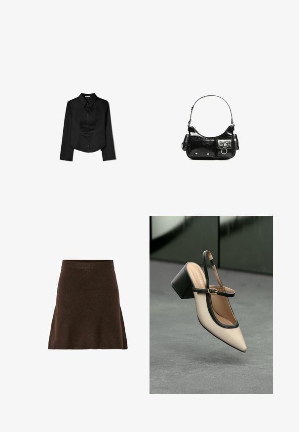 Musta pitkähihaisten paita, joka on valmistettu sileästä kankaasta. Siinä on kärkitasku, edessä napitus ja lyhennetty helma, jossa on sivuhaalareita.; Ruskea neulehame, jossa on levenevä muoto, leveä joustava vyötärö ja pehmeä tekstuuri. Ei näkyviä kuvioita tai metalliosia.; Beige slingback-kengät, joissa on musta reuna, kultahakas, ja paksu lohkoheel, harmaalla lattialla tummanvihreää taustaa vasten.; Mustekko mustasta kiiltonahasta valmistettu käsilaukku, jossa on kaareva muoto, yksi olkahihna, etutaskut ja hopeanväriset yksityiskohdat.