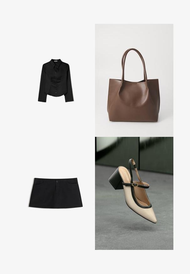 Crna košulja dugih rukava od glatkog materijala, s izrezom u obliku oštrice, prednjim zatvaranjem na gumbe i skraćenim rubom s bočnim prorezima.; Crna suknja do koljena napravljena od mekog materijala. Ima dva prednja džepa i jedan gumb za zatvaranje u struku.; Bež sandala s visokim potpeticama, otvorenom petom, šiljastim vrhom, crnim rubom i detaljem kopče. Glatki materijal s mat završnom obradom, srednja blok potpetica.; Smeđa kožna torba s dugim ručkama, strukturiranog oblika, glatke teksture i minimalističkog dizajna. Nema vidljivih metalnih dijelova ili ukrasa.