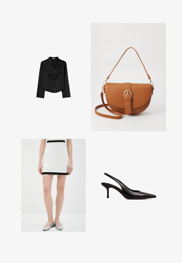 Zwarte langetermijnshirt gemaakt van soepele stof, met een puntige kraag, sluiting met knopen aan de voorkant en een cropped zoom met zijsplitten.; Witte mini-jurk met een zwarte zoom, gemaakt van een gladde stof. Het model draagt zilveren flats en een transparante armband om een pols.; NA-KD Klassieke pumps - black; Bruine leren schoudertas met een gebogen vorm, gouden hardware en een gespaccent. Bevat een afneembare schouderriem.
