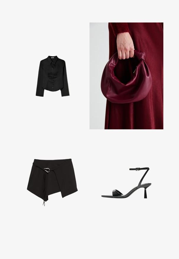 Crna košulja dugih rukava od glatkog materijala, s izrezom u obliku oštrice, prednjim zatvaranjem na gumbe i skraćenim rubom s bočnim prorezima.; Crna suknja s omotom, izrađena od mekanog materijala, s dijagonalnim rezom, podesivim vezanjem s srebrnim detaljem i asimetričnom ovalnom rubom.; Bershka Sandale s visokom petom - black; Bordo kožni ruksač s mekim, naboranim dizajnom i zaobljenim oblikom. Ručka je sigurno pričvršćena, pokazujući glatku teksturu.