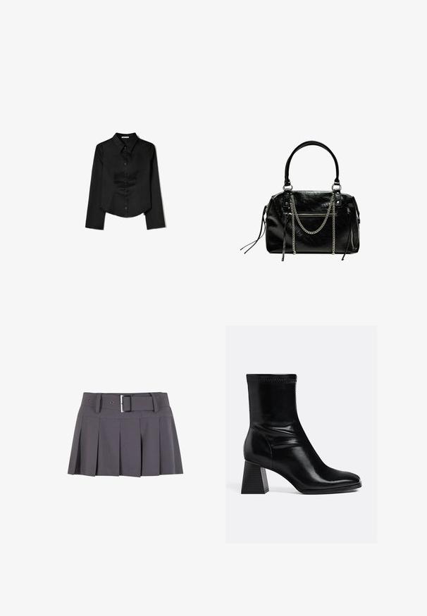 Camicia nera a maniche lunghe realizzata in tessuto liscio, con colletto a punta, chiusura frontale con bottoni e orlo accorciato con slit laterali.; Mini gonna plissettata grigia con una texture morbida, dotata di una vita larga, passanti per la cintura e un dettaglio con fibbia rettangolare in argento.; Stivali ankle in pelle nera con finitura liscia, punta quadrata e tacco a blocco texturizzato. Presenta un design elastico alla caviglia e cuciture visibili.; Bershka WITH CHAIN - Borsa a mano - black