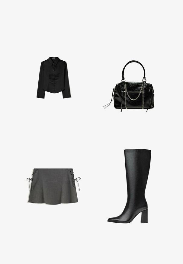 Černá košile s dlouhým rukávem vyrobená z hladké látky, zahrnující špičatý límec, přední zapínání na knoflíky a zkrácený lem se bočními rozparky.; Šedá sukně s pruhy, která má boční řasení, mašle a rozšířený siluetu. Textura látky vypadá hladce s mírným leskem.; Černé kozačky nad kolena vyrobené z umělé kůže s špičatou špičkou, hladkým povrchem a robustním blokovým podpatkem. Minimalistický design bez viditelných dekorací.; Bershka WITH CHAIN - Kabelka - black