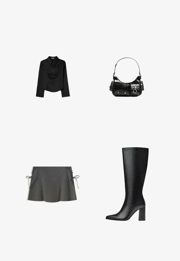 Črna srajca dolgimi rokavi, izdelana iz gladkega materiala, z ostrim ovratnikom, sprednjim gumbom in krajšo obrobo z stranskimi razpoki.; Siva krilasta krilna obleka z bočnim nagubanjem, vezi in razširjenim silhueto. Tekstura tkanine izgleda gladka z rahlim sijajem.; Črne škornje do kolen iz umetnega usnja s koničastim nosom, gladko teksturo in debelim blok peto. Minimalistična zasnova brez vidnih dodatkov.; Črna lakasta usnjena torbica s ukrivljeno obliko, enim ramenskim trakom, sprednjimi žepi in srebrnimi kovinskimi dodatki.