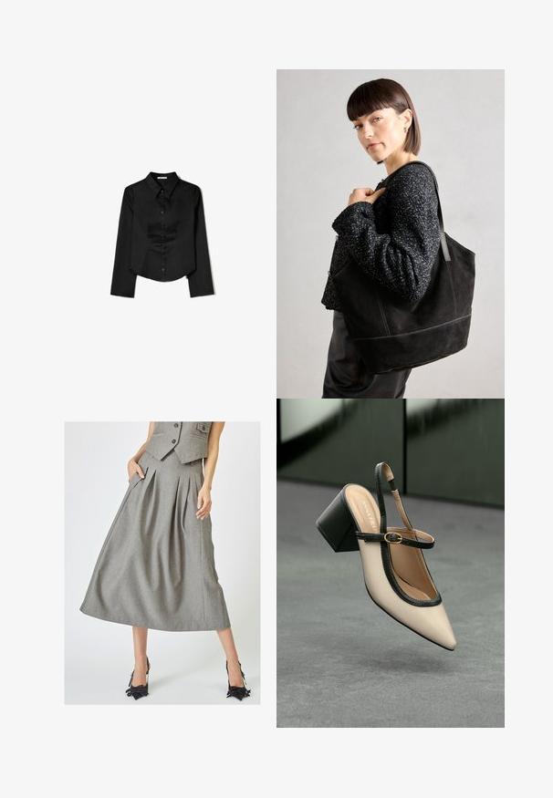 Čierna košeľa s dlhým rukávom vyrobená z hladkej látky, s špicatým golierom, predným zapínaním na gombíky a skráteným lemom so bočnými rozparkami.; Sivá plisovaná sukňa vyrobená z textúrovaného materiálu, s bočnými vreckami a A-liniovým strihom, v kombinácii s čiernymi vysokými topánkami.; Béžová lodička na opätku s otvorenou pätou, špičatou špičkou, čiernym lemovaním a prackou. Hladký materiál s matným povrchom, stredne vysoký blokový podpätok.; Čierna semišová taška so hladkou textúrou, štruktúrovaným tvarom a kontrastným šitím. Obsahuje dlhé popruhy na nosenie na ramene.
