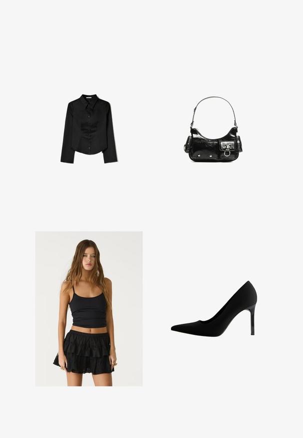 Sort langærmet skjorte lavet af glat stof, med en spidse krave, frontlukning med knapper og en cropped kant med sidelæg.; Sort strækbar tanktop med tynde stropper, parret med en sort volangskørt med blonde detaljer, hvilket skaber en lagdelt effekt.; Sorte højhælede pumps med spids tå, glat mat materiale, slank stiletthæl og en subtil udskæring ved buen.; Sort patenteret læder håndtaske med en buet form, en skulderrem, frontlommer og hardware accenter i sølvfarve.