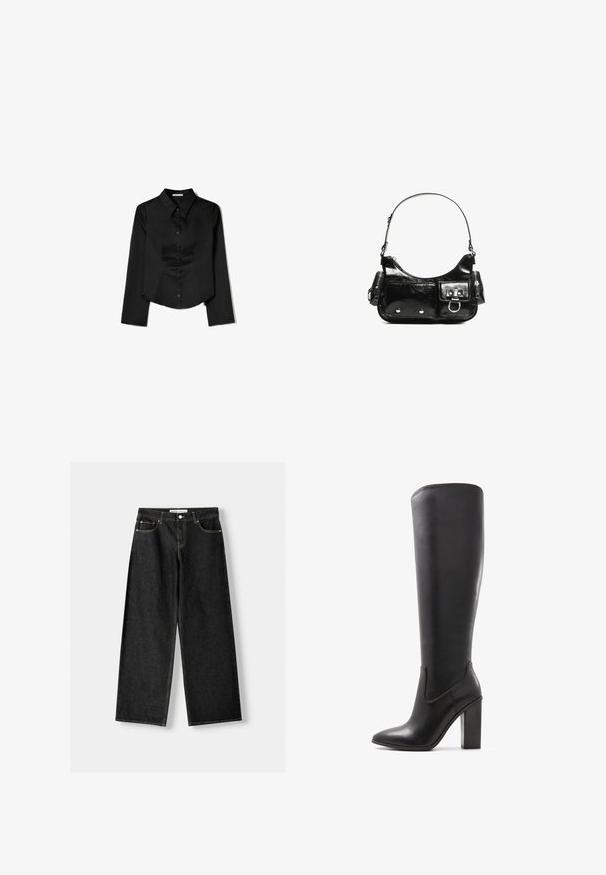 Black long-sleeve shirt made from smooth fabric, featuring a pointed collar, front button closure, and a cropped hem with side slits.; Black denim wide-leg jeans featuring five pockets, metal button and zipper closure, and contrasting yellow stitching along the seams.; ALDO PILLOW WALK PULL ON GLAJAR - High heeled boots - black; Black patent leather handbag with a curved shape, one shoulder strap, front pockets, and silver-tone hardware accents.