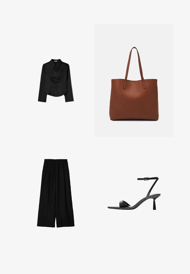 Schwarzes Langarmshirt aus glattem Stoff, mit spitzem Kragen, vorderem Knopfverschluss und einem gekürzten Saum mit seitlichen Schlitzen.; Schwarze weit geschnittene Hose aus leichtem Stoff, mit einem elastischen Bund und weicher, zerknitterter Textur. Fußlanger Schnitt.; Bershka High Heel Sandalette - black; Braune Leder-Tote mit glatter Textur, offenem Oberteil und zwei Schulterriemen. Verfügt über minimale Nähte und keine sichtbaren Beschläge.