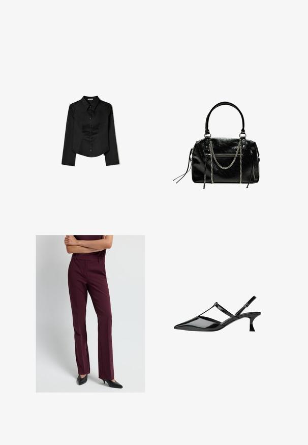 Černá košile s dlouhým rukávem vyrobená z hladké látky, zahrnující špičatý límec, přední zapínání na knoflíky a zkrácený lem se bočními rozparky.; Burgundské kalhoty na míru se střihovým designem rovné nohy, vyrobené z hladké tkaniny. Obsahují poutka na opasek a zipový rozkrok. Kombinované s černými podpatky.; Černé lakované slingback podpatky s špičatou špičkou, designem křížových popruhů a zúženým středním podpatkem. Hladký, lesklý povrch s výřezovým detailem.; Bershka WITH CHAIN - Kabelka - black