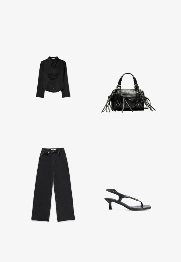 Camicia nera a maniche lunghe realizzata in tessuto liscio, con colletto a punta, chiusura frontale con bottoni e orlo accorciato con slit laterali.; Jeans neri a gamba larga realizzati in denim, con vita alta, due tasche anteriori e chiusura con bottone e zip.; Sandal in pelle nera con design sottile, cinghie sottili e un tacco piccolo. Presenta un accento con fibbia e una soletta liscia e texturizzata.; Borsa a mano in pelle nera con manici intrecciati, superficie testurizzata, tasca frontale con zip e dettagli decorativi in frange. Forma compatta e ben strutturata.