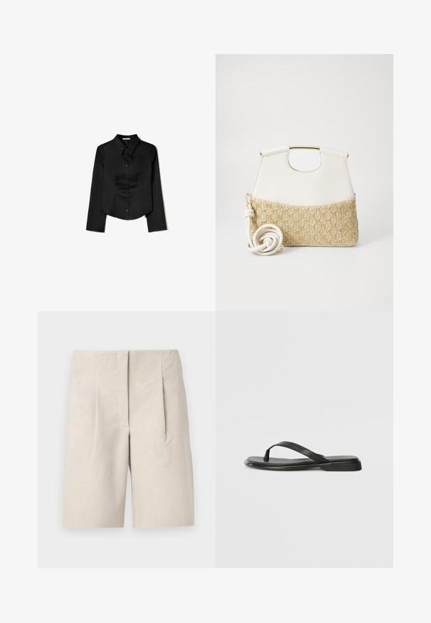 Camicia nera a maniche lunghe realizzata in tessuto liscio, con colletto a punta, chiusura frontale con bottoni e orlo accorciato con slit laterali.; Shorts in suede beige con vestibilità rilassata, caratterizzati da due pieghe frontali e un design della vita pulito. Texture liscia, lunghezza fino a metà coscia.; Infradito neri in pelle liscia, con un design a fascia sottile e una suola piatta dal profilo minimale. Nessun motivo o accento particolare.; Borsa a tracolla bianca in pelle con fondo in tessuto intrecciato crema dalla texture. Presenta un manico dorato e una tracolla bianca avvolta per maggiore versatilità.
