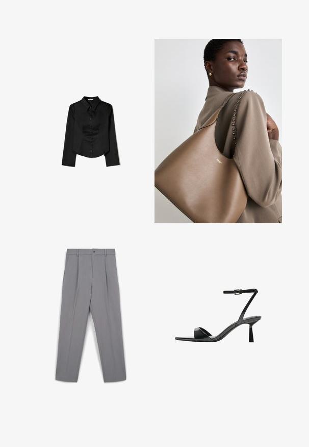 Camicia nera a maniche lunghe realizzata in tessuto liscio, con colletto a punta, chiusura frontale con bottoni e orlo accorciato con slit laterali.; Pantaloni grigi a pieghe realizzati in tessuto morbido, con chiusura frontale a bottone, passanti per cintura e un design a gamba dritta.; Bershka Sandali con tacco - black; Borsa a tracolla in pelle marrone con una texture liscia, caratterizzata da una silhouette curva e un logo metallico. La tracolla presenta borchie decorative lungo la cucitura.
