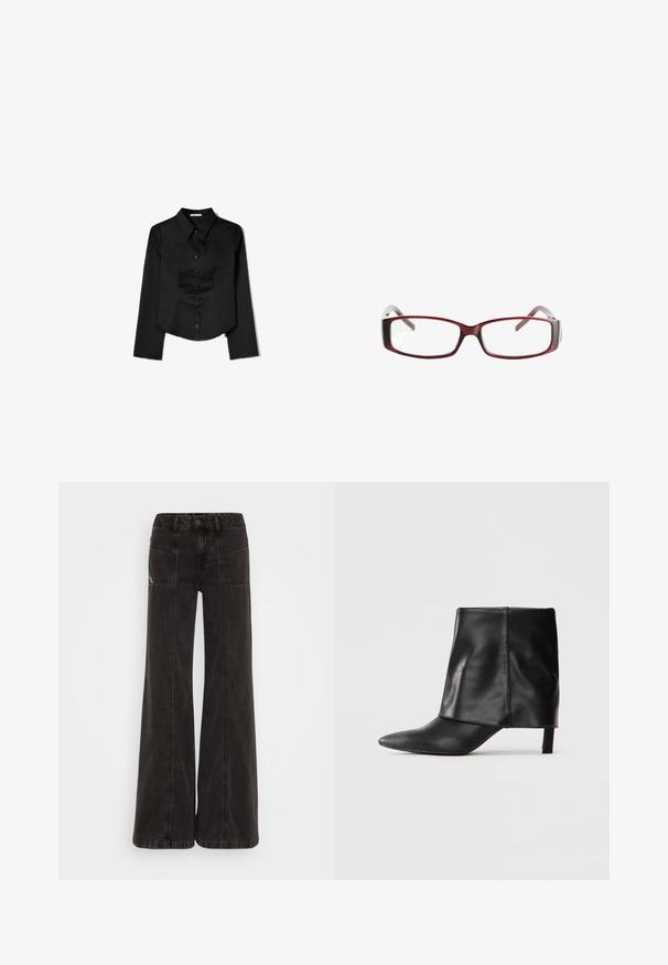 Fekete, hosszú ujjas ing sima anyagból, hegyes gallérral, elülső gombos záródással és oldalhasítékkal ellátott cropped szegéllyel.; Fekete, bő szárú farmernadrág, magas derékkal, elülső zsebekkel és az varratok mentén tónusos cérnával.; Fekete bőrből készült, középmagas szárú csizma, hegyes orral, hajtott felső résszel és karcsú, alacsony sarokkal, fehér háttér előtt.; Vörös téglalap alakú szemüveg, amelynek elegáns kivitele van. Átlátszó lencsék, enyhén áttetsző szárak, és vörösből szürkébe átmenő színátmenet.