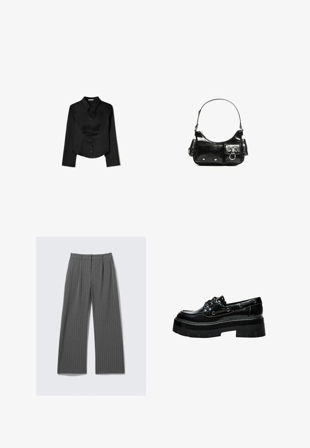 Black long-sleeve shirt made from smooth fabric, featuring a pointed collar, front button closure, and a cropped hem with side slits.; Gray pinstriped wide-leg trousers with front pleats and belt loops, laid flat on a white background.; Black patent leather shoe with a chunky platform, rounded toe, lace-up design, and silver-tone eyelets. Features textured, treaded sole.; Black patent leather handbag with a curved shape, one shoulder strap, front pockets, and silver-tone hardware accents.