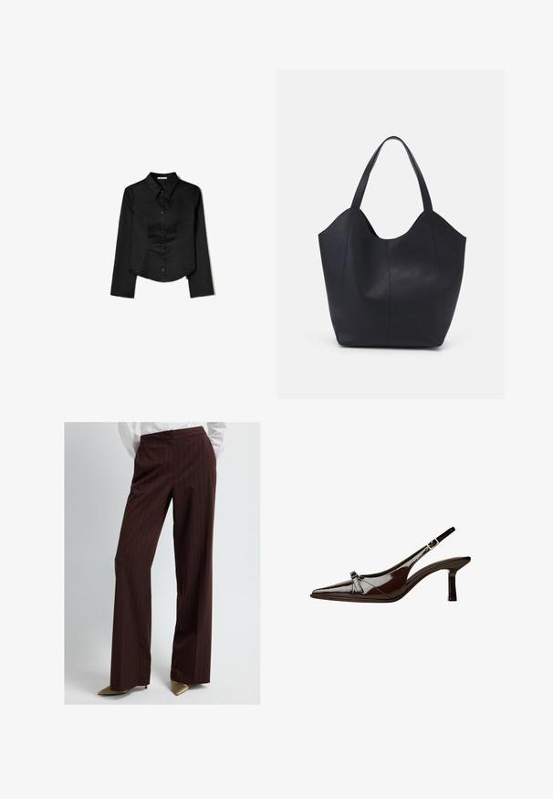 Schwarzes Langarmshirt aus glattem Stoff, mit spitzem Kragen, vorderem Knopfverschluss und einem gekürzten Saum mit seitlichen Schlitzen.; Braune Nadelstreifen-Hosen mit weit geschnittenem Design, aus glattem Stoff gefertigt. Verfügt über eine hohe Taille und einen minimalistischen Schnitt.; Braune Lackleder-Slingback-Schuhe mit spitzem Zehenbereich, niedrigem Absatz und einer dekorativen Schleifenakzent an der Vorderseite. Glatte, glänzende Textur.; Schwarze Tote-Bag aus glattem Leder, mit einem abgerundeten, offenen Oberteil, zwei Schulterträgern und einem minimalistischen Design.