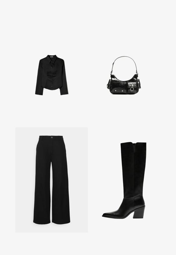 Fekete, hosszú ujjas ing sima anyagból, hegyes gallérral, elülső gombos záródással és oldalhasítékkal ellátott cropped szegéllyel.; Even&Odd Petite Nadrágok - black; Fekete, térd fölé érő csizma sima bőrből, hegyes orral, tömbsarkával és V-alakú kivágással a tetején.; Fekete lakkbőr kézitáska ívelt formával, egy vállpánttal, elülső zsebekkel és ezüstszínű fémrészletekkel.