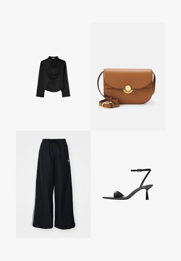 Černá košile s dlouhým rukávem vyrobená z hladké látky, zahrnující špičatý límec, přední zapínání na knoflíky a zkrácený lem se bočními rozparky.; Černé kalhoty s širokým střihem vyrobené z lehkého materiálu. Mají elastický pas se stahovací šňůrkou a bílé postranní pruhy. Na bocích se nachází logo značky.; Bershka Sandály na vysokém podpatku - black; Hnědá kožená kabelka přes rameno s zaoblenými hranami, magnetickým uzávěrem a zlatými kovovými detaily. Nastavitelný popruh pro všestranné nošení.