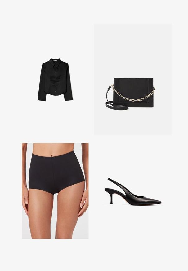 Schwarzes Langarmshirt aus glattem Stoff, mit spitzem Kragen, vorderem Knopfverschluss und einem gekürzten Saum mit seitlichen Schlitzen.; Schwarze hüfthohe Slips aus glattem Material, mit nahtlosem Design und geradem Schnitt an den Beinöffnungen.; NA-KD Pumps - black; Schwarze Leder-Crossbody-Tasche mit glatter Textur, rechteckiger Form und metallic-kettendetail auf der Vorderseite. Verstellbarer Gurt inklusive.