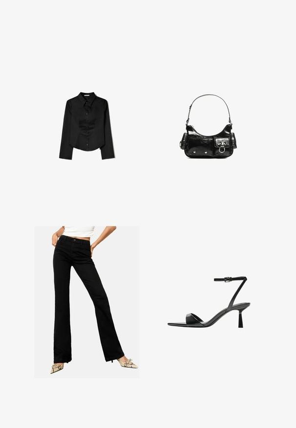 Czarna longsleeve z gładkiego materiału, z wyraźnym kołnierzykiem, z przodem zapinanym na guziki oraz skróconym dołem z bocznymi rozcięciami.; Czarne dzwonowate dżinsy wykonane z denimu, z zapięciem na guzik z przodu i pięcioma kieszeniami, zaprezentowane na neutralnym tle.; Bershka - Sandały na obcasie; Czarna torebka z lakierowanej skóry o zaokrąglonym kształcie, z jednym paskiem na ramię, przednimi kieszeniami i akcentami w kolorze srebrnym.