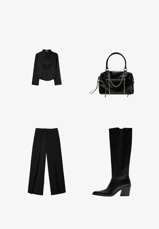 Svart långärmad skjorta i slätt tyg, med spetsig krage, framknappning och cropped nederkant med sidofrack.; Svarta vid byxor med en plisserad design, tillverkade av slät tyg. Har en strukturerad midja och rena, skräddarsydda linjer.; Svarta knästövlar i släthet läder, med spetsig tå, blockklack och ett V-format urtag högst upp.; Bershka WITH CHAIN - Handväska - black