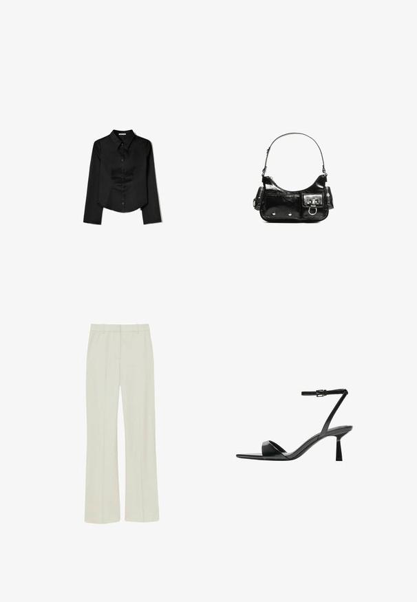 Fekete, hosszú ujjas ing sima anyagból, hegyes gallérral, elülső gombos záródással és oldalhasítékkal ellátott cropped szegéllyel.; Világos bézs színű nadrág, sima anyagból, egyenes szárú fazonnal, elöl hajtással és normál derékkal, övhurkokkal.; Bershka Magas sarkú szandálok - black; Fekete lakkbőr kézitáska ívelt formával, egy vállpánttal, elülső zsebekkel és ezüstszínű fémrészletekkel.