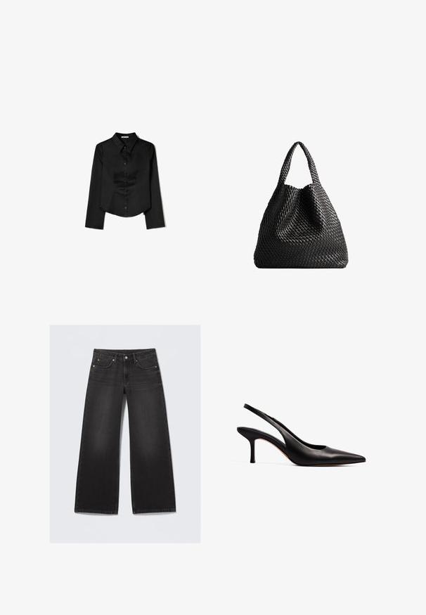 Črna srajca dolgimi rokavi, izdelana iz gladkega materiala, z ostrim ovratnikom, sprednjim gumbom in krajšo obrobo z stranskimi razpoki.; Črne široke kavbojke z všitimi žepi in gumbom, položen v ravnini na svetli podlagi.; NA-KD Klasične pete - black; Črna tkana torba za na ramena z dvema ročkama. Mehka tekstura, sproščen dizajn in velika, okrogla oblika. Ni vidne opreme ali dodatkov.