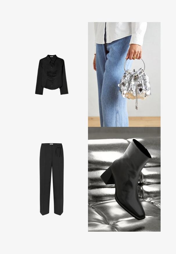 Black long-sleeve shirt made from smooth fabric, featuring a pointed collar, front button closure, and a cropped hem with side slits.; Black, high-waisted trousers with a tie belt detail. Made from smooth fabric, featuring a straight-leg design and two front pockets.; Black ankle boot made of glossy material with a square toe and tapered heel, set against a shiny silver tufted background.; Silver sequined bucket bag with a circular metallic handle; features drawstring closure and chain accents, set against light denim and white fabric.
