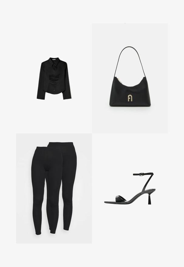 Camicia nera a maniche lunghe realizzata in tessuto liscio, con colletto a punta, chiusura frontale con bottoni e orlo accorciato con slit laterali.; Leggings neri con vita elastica, realizzati in un tessuto liscio ed elasticizzato. Presentano un design aderente che si restringe alle caviglie.; Bershka Sandali con tacco - black; Borsa nera realizzata in materiale liscio, con una forma curvata, una sola tracolla e un accento in logo color oro sulla parte anteriore.